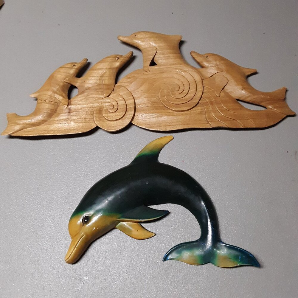Vintage Dolphin Wall Art Decor Lot Carved Wooden & Molded Plastic Plaque MCM